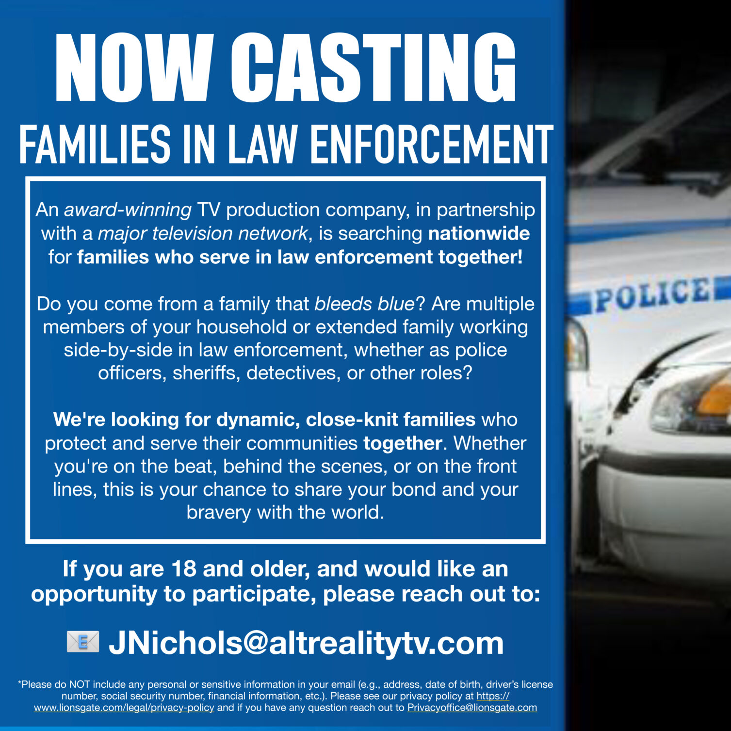 NOW CASTING FAMILIES IN LAW ENFORCEMENT